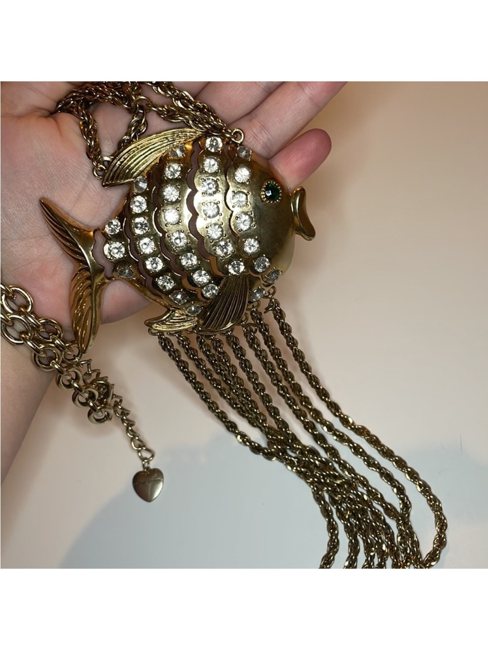 Betsey Johnson VINTAGE Gold Crystal Fish Pendant Necklace with Chain Tassels